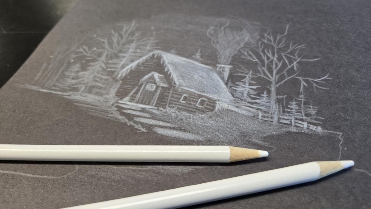 A photo of a drawing using white pencil on black paper.