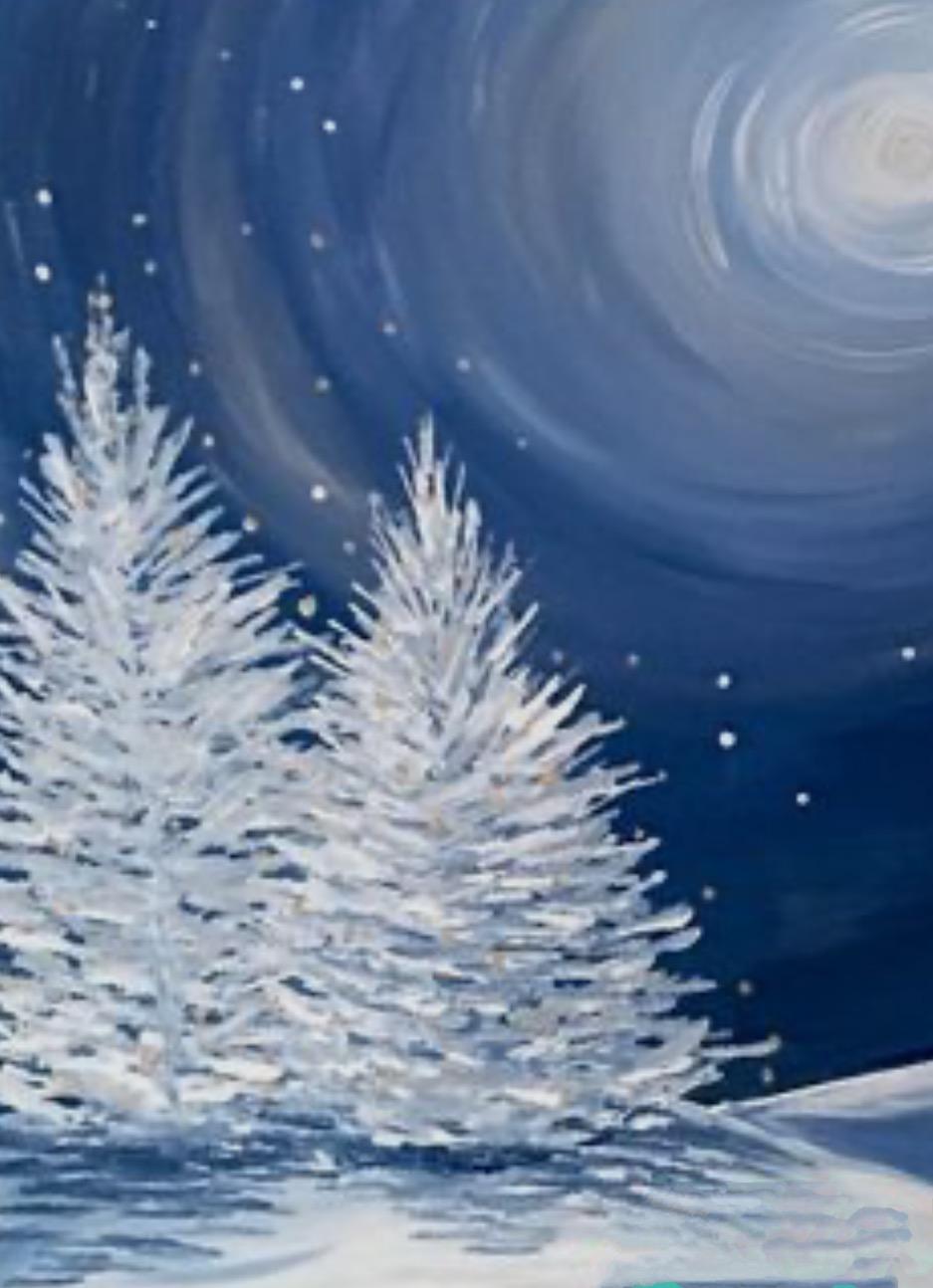 A painted winter scene of moonlit pine trees done using just blue and white paint.