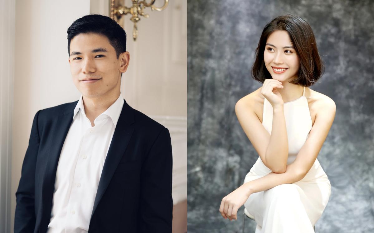 Color photos of pianists Zhu Wang and Chloe Chuyue.