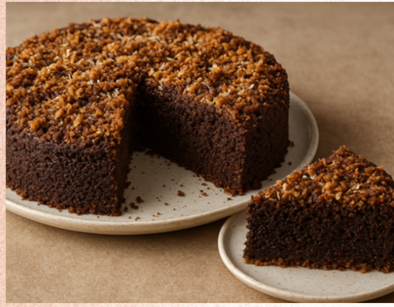 A photo of a Co-Co Crunch Cake with a slice cut from it. 